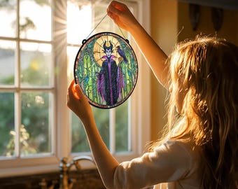 Disney Maleficent Villain Horror Stained Glass Suncatcher, Princess Sleeping Beauty Suncatcher Ornament, Magical Window Hanging Gift