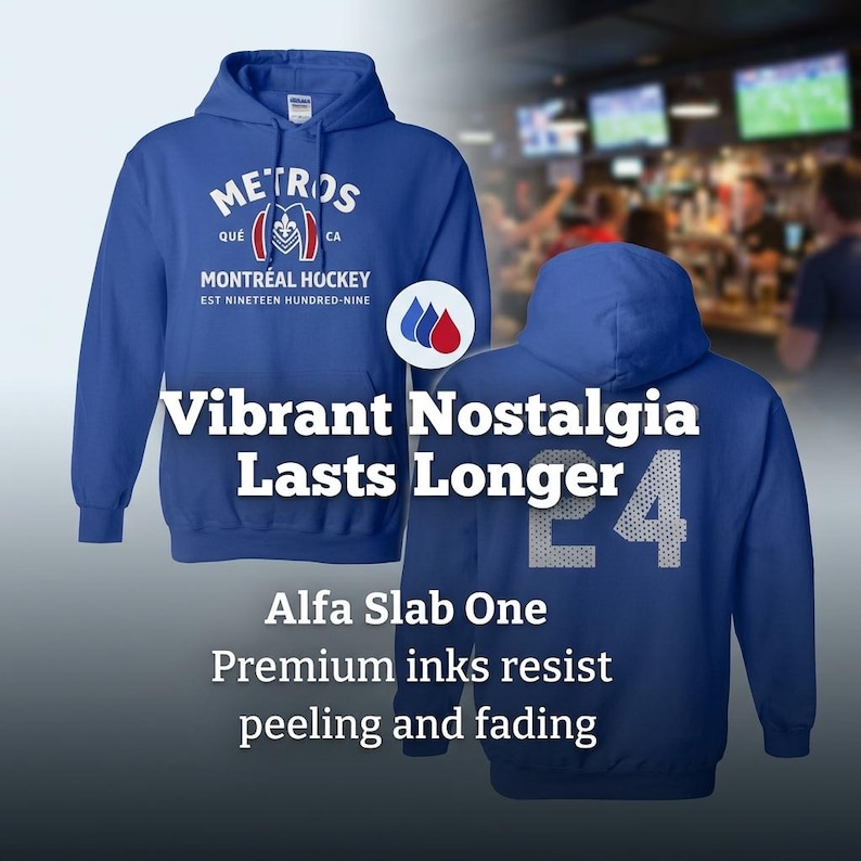 May include: A royal blue hooded sweatshirt featuring a white graphic on the front with the text METROS QU&Eacute; CA MONTR&Eacute;AL HOCKEY EST NINETEEN HUNDRED-NINE and a logo. The back of the hoodie displays the large number 24 in a grey honeycomb pattern.
