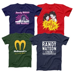 May include: Four t-shirts in navy, red, green, and navy. The navy shirts feature Randy Watson graphics, one with "1988 World Tour." The red shirt has a "Soul Glo" graphic. The green shirt has a "McDowell's" logo.