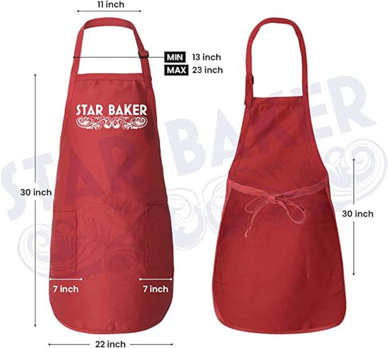 Op de afbeelding: Een rood schort met de witte tekst STAR BAKER en decoratieve krullen. Het schort is 30 inch lang en 22 inch breed, met een bovenbreedte van 11 inch, zakken van 7 inch en een verstelbare nekband van 13 tot 23 inch lang.