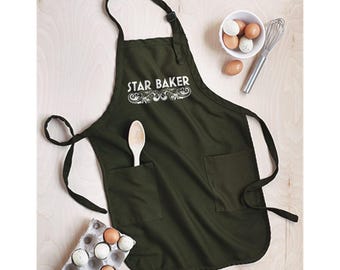 STAR BAKER Apron - Kitchen Baking Adult Sized with 2 Front Pockets and Neck Tie - Cotton Screen-printed