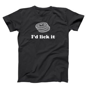May include: Black t-shirt with a white graphic of stacked cookies and the text "I'd lick it". The cookies have a detailed design. The shirt is a classic crew neck style.