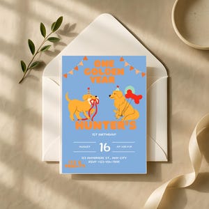 Golden Retriever 1st Birthday Invitation: Puppy Party, Editable Template (Instant Download)