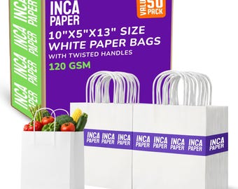 10" x 5" x 13" Large White Paper Bags with Twisted Handles (120 GSM)