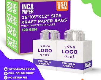16" x 6" x 12" Printed Extra Large White Paper Bags with Twisted Handles (120 GSM)