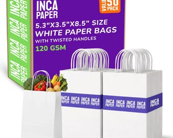 5.3" x 3.5" x 8.5" Small White Paper Bags with Twisted Handles (120 GSM)