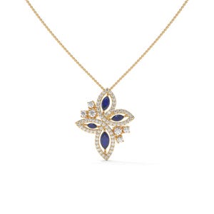 Marquise Lab Diamond Floral Pendant: Vivid Blue, Solid Gold or 925 Silver