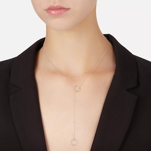 925 Silver Double Circle Lariat Necklace: Minimalist Drop Pendant