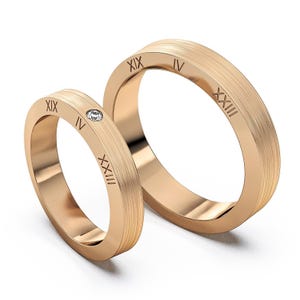 Aliança de casamento com algarismos romanos: diamante mínimo cultivado em laboratório, prata 925 certificada ou ouro