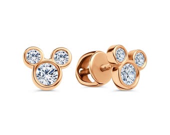 ラボグロウンダイヤモンド ミッキーマウス イヤリング：10K/14K/18K 純金、925シルバー