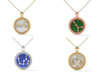 14K Gold Zodiac Necklace, Celestial Jewelry, Personalized Jewelry Gift, Coin Necklace, Christmas Gift,Zodiac Jewelry, Lab Grown Diamond
