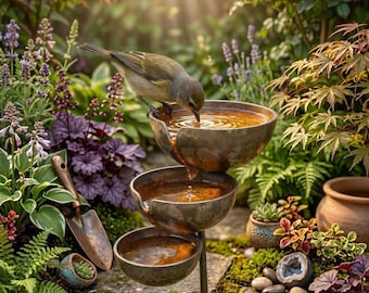 Estaca para recoger agua de lluvia, bebedero de metal para pájaros, bebedero para abejas, comedero para mariposas, decoración de jardín oxidada, fuente de agua para jardín.