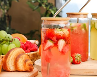 Vaso de vidrio de 16 oz con tapa de bambú y pajita