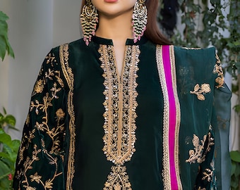 Green Velvet Embroidered Shalwar Kameez | Pakistani Women Formal Suit | Custom Fit | Free Ship