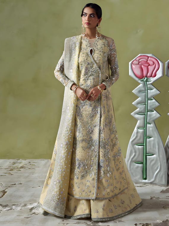 Pakistani suit Yellow Velvet Dress Lehnga for women, handcrafted floral motifs