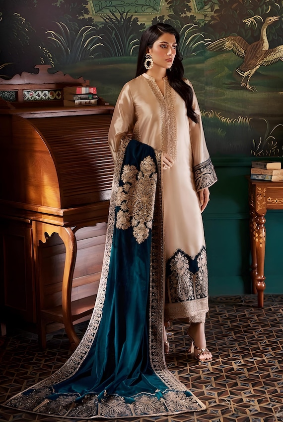 golden velvet dress pakistani suit Silver shalwar kameez for women, handcrafted floral motifs Endless sale