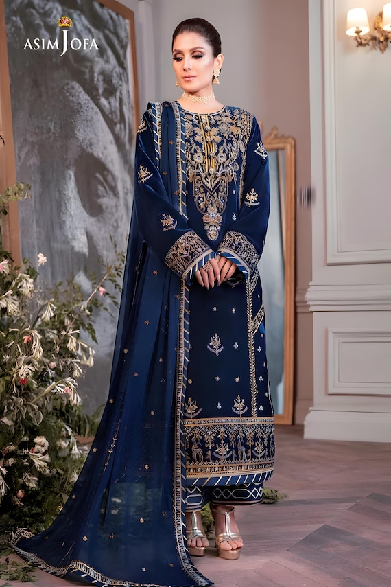 blue velvet dress pakistani Pakistani Suit Blue Velvet Dress Shalwar Kameez for Women, Handcrafted  Floral Motifs