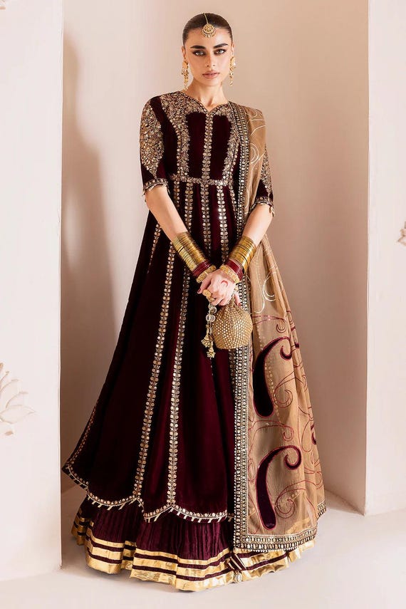 brown velvet dress pakistani Handcrafted Floral Shalwar Kameez for Women | Formal Suit | Custom Size | Free Ship Shona Joy La Lune '1409 Size:32W X 34L quality fabric for a