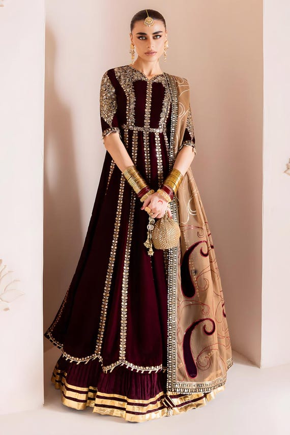 Buy Pakistani Suit Brown Velvet Dress Shalwar Kameez for Women, Handcrafted  Floral Motifs Online in India - Etsy
