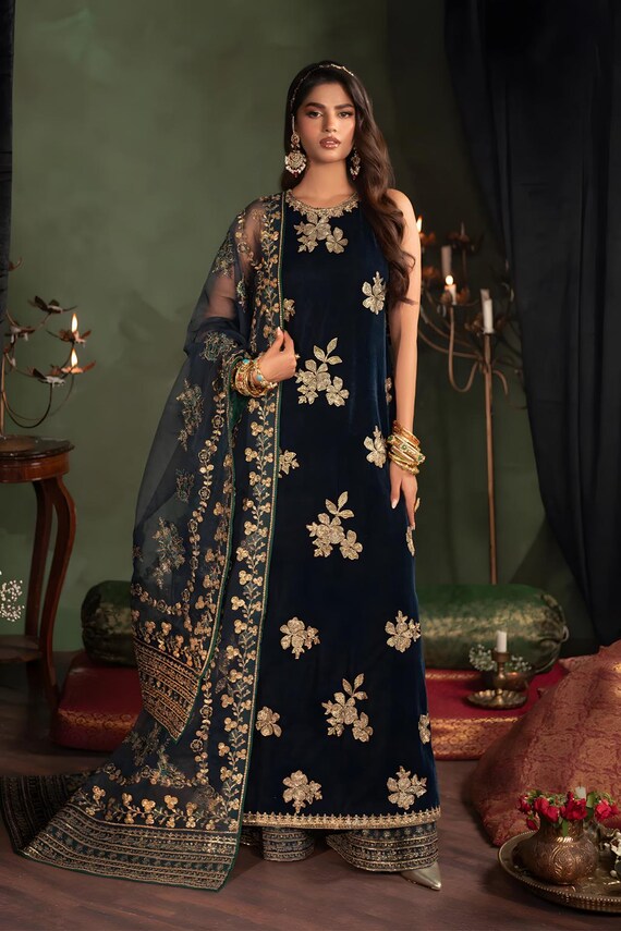 blue velvet pakistani dresses DARK-BLUE EMBROIDERED VELVET Anarkali Pakistani/indian party dress 3 piece