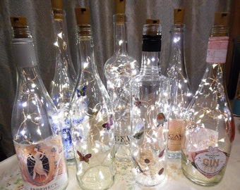 Upcycled Decorated Bottles with Fairy Lights - Garden Birds, Kylie, Hearts, Flowers, Butterflies, Festive & Black Cow Vodka Bottle