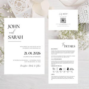 Plantillas de invitación de boda minimalistas editables, paquete de invitaciones modernas, tarjetas RSVP, elegante conjunto de detalles imprimibles, descarga instantánea