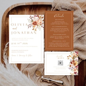 May include: Wedding invitation suite featuring a floral design in shades of orange, peach, and burgundy. The suite includes an invitation, details card, and RSVP card. The invitation reads "Olivia and Jonathan" and the date "June 14th, 2026".