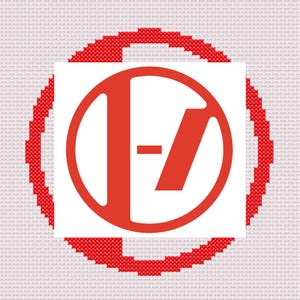 Peut inclure: Motif de point de croix rouge et blanc. Un cercle rouge avec une bordure cousue rouge et blanche entoure un carré blanc avec un logo rouge stylisé.