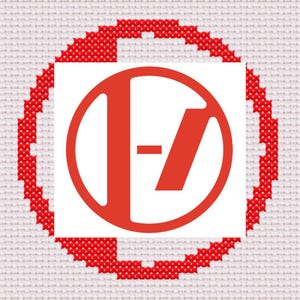 Peut inclure: Motif de point de croix rouge et blanc. Il présente un cercle rouge avec un symbole rouge stylisé sur fond blanc. Le symbole est composé d'une ligne horizontale et d'une ligne oblique dans un carré blanc.