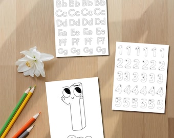 ABC トレース＆数字 1～20 ワークブック：漫画塗り絵ページ（3 枚の PDF 印刷可能バンドル）