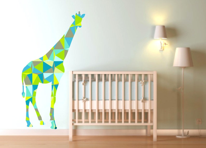 giraffe wall decals in green geometric pattern large giraffe | etsy