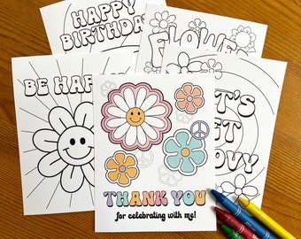 Groovy party favor, Retro daisy, be happy birthday favor, two groovy coloring pages, favor with crayons, birthday favor, ready to hand out