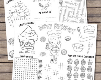 Baking birthday, cooking party, bakery, coloring pages, activity sheets, party favor, bake shop, cupcake, donut, cookies - INSTANT DOWNLOAD