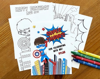 Superhero party favor, birthday favor, coloring pages, party favor with crayons, Captain America, Spiderman, Avengers, ready to hand out