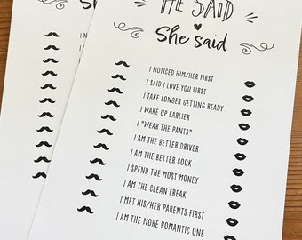 He Said She Said Bridal Shower Games, Bridal Shower, Wedding game - INSTANT DOWNLOAD