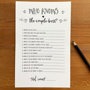 Who Knows the Couple Best Bridal Shower Games, Bridal Shower, Wedding Game INSTANT DOWNLOAD image 2