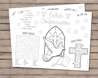 Personalized Confirmation coloring activity sheets, Confirmation favor printable coloring placemat - DIGITAL PDF FILE