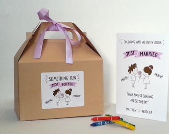 Personalized Wedding activity box for kids, Wedding Rehearsal kids coloring book, Kids wedding favor box, Wedding activities - Set of 6