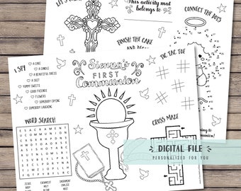 Personalized First Communion Coloring Placemat, Activity Sheets (Digital PDF File)