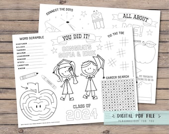 2024 Graduation activity pages, kindergarten preschool graduation, printable coloring placemat favor, coloring pages-PERSONALIZED