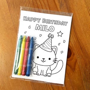 Cat birthday coloring pages and crayons, kitty cat party favor, cat birthday favor, custom cat coloring sheets - ready to hand out