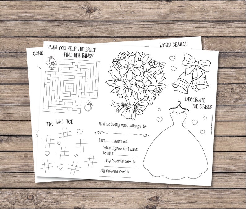 Bridal shower activity coloring placemat for kids, kids activities, kids wedding table, bridal shower games, digital file INSTANT DOWNLOAD image 3