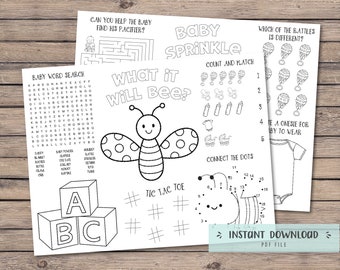 Baby shower coloring placemat, gender reveal, baby sprinkle, shower, bee, games for kids, printable coloring sheet - INSTANT DOWNLOAD