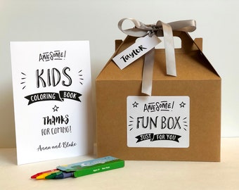 Personalized children wedding activity box, engagement party, kids table, wedding rehearsal, anniversary party, birthday box - Set of 6