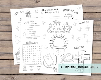 First Communion coloring activity sheets, Holy Communion favor printable coloring placemat, First Communion activities - INSTANT DOWNLOAD