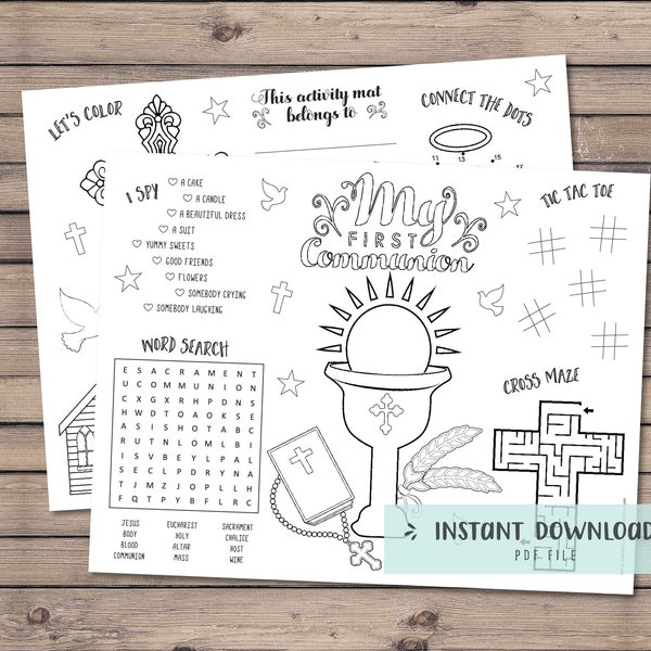 First Communion coloring activity sheets, Holy Communion favor printable coloring placemat, First Communion activities - INSTANT DOWNLOAD