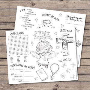 Páginas para colorear de actividades de bautizo de niña, mantel individual imprimible con recuerdo de bautizo, actividades de bautizo - DESCARGA INSTANTÁNEA