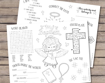 Baptism Christening Girl coloring activity sheets, Baptism favor printable placemat, Christening Baptism activities - INSTANT DOWNLOAD