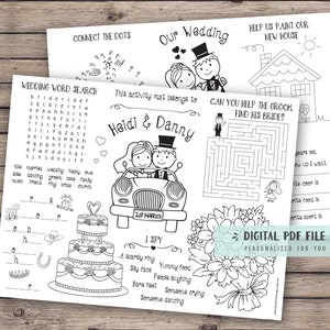 パーソナライズされた子供向けの結婚式アクティビティの塗り絵のプレースマット、結婚披露宴の記念品、子供向けの結婚式のテーブルアクティビティ、塗り絵 - デジタルファイル