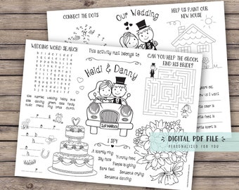 Personalized Kids wedding activity coloring placemat, wedding reception favor, kids wedding table activities, coloring pages - DIGITAL FILE